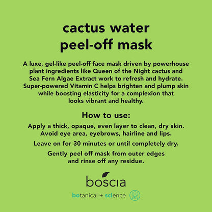 BOSCIA Facial Peel-off Mask with Cactus Water and Vitamin C for Natural & Clean, Hydrating & Brightening Skin, Vegan, Cruelty-Free, Aloe Vera, Green, 2.82 Oz