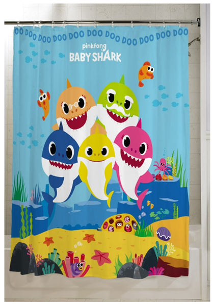 Baby Shark 13Pc Fabric Shower Curtain and Hook Set, Kids Bath, 72”x72”
