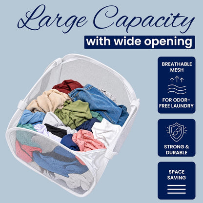 Todays Kids Collapsible Mesh Pop-Up Laundry Hamper - Foldable Laundry Basket with Breathable Mesh, Reinforced Handles and Side Pocket