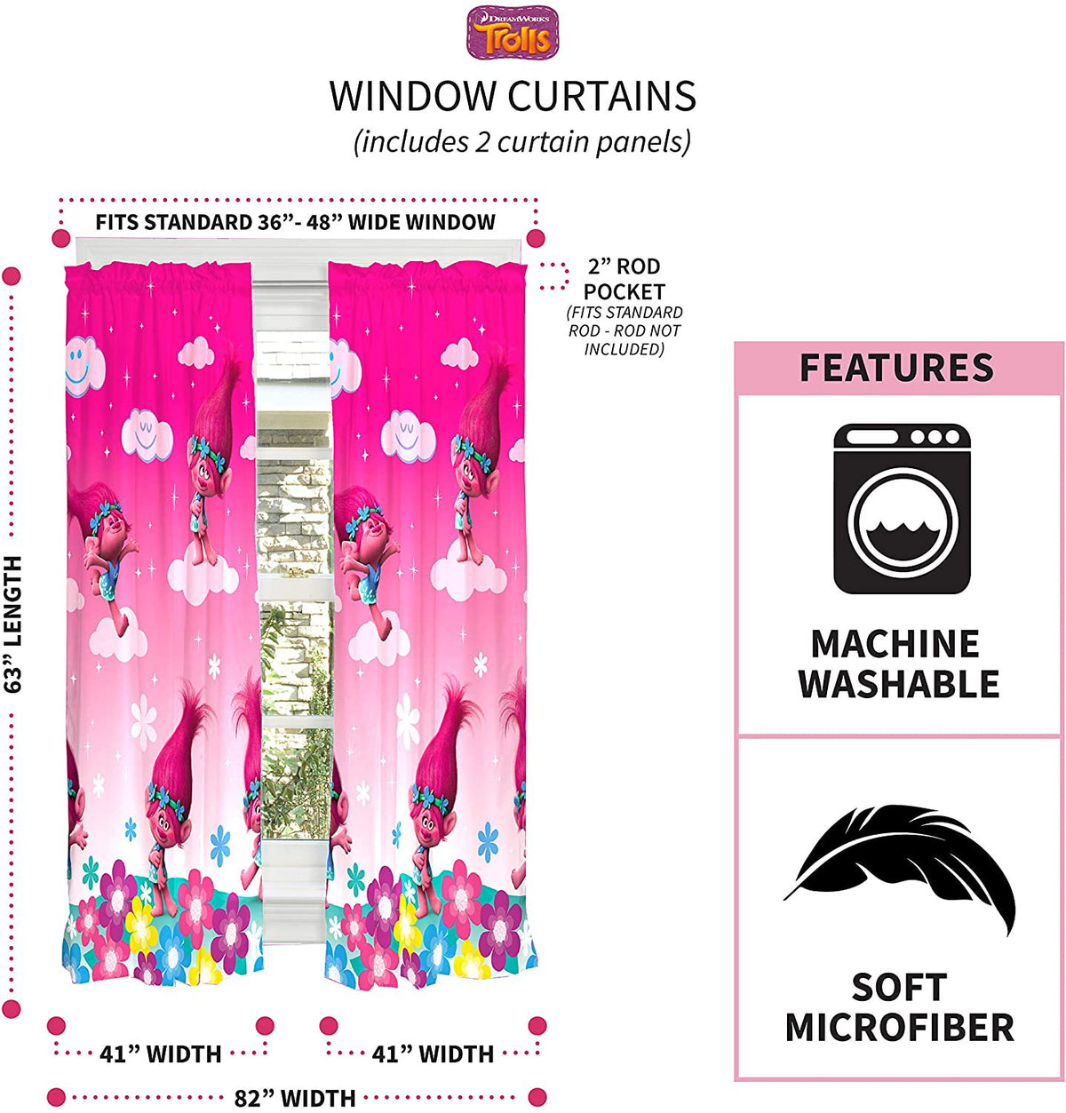 Franco Kids Window Curtain Panels Drapes Set, 82" x 63", Trolls
