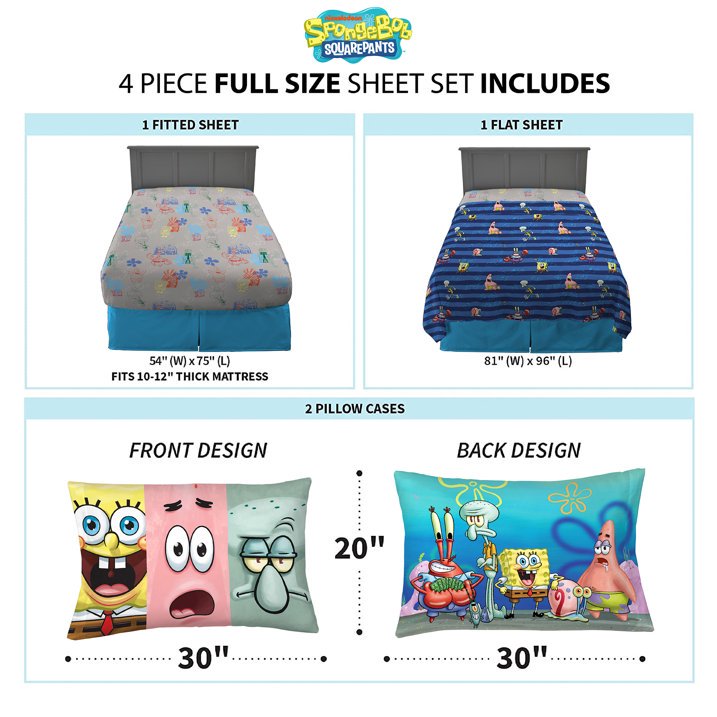 Franco Kids SpongeBob SquarePants 4 Piece Full Size Sheet Set
