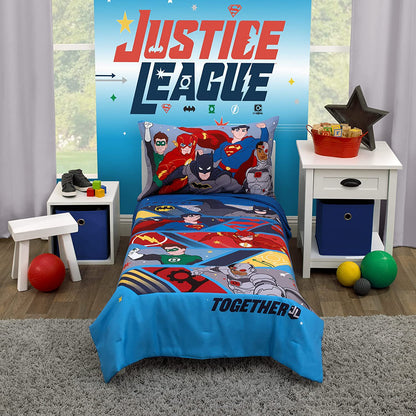 Warner Brothers Justice League 4 Piece Toddler Bedding Set - Batman, Superman, The Flash, Green Lantern and Cyborg