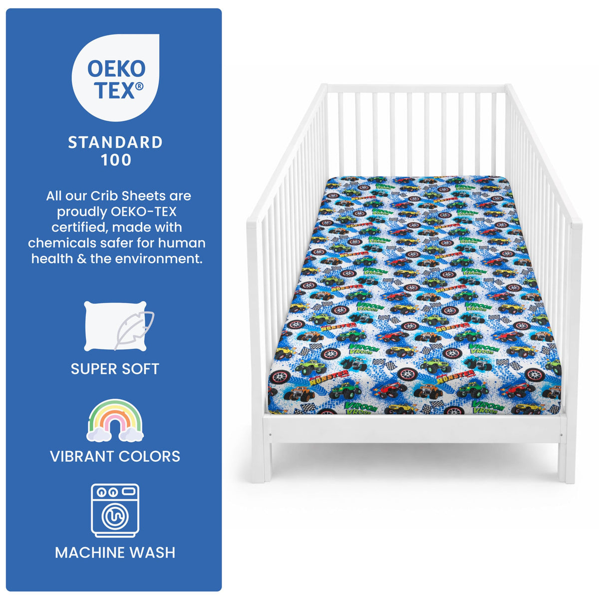 Today's Kids 1-Pack Monster Truck Fitted Baby Crib Sheet Boy - Soft & Breathable Printed Nursery Toddler Bed Sheets for Boys, Elastic Edge with Deep Pockets, Machine Washable, Fits 28" x 52" Mattress