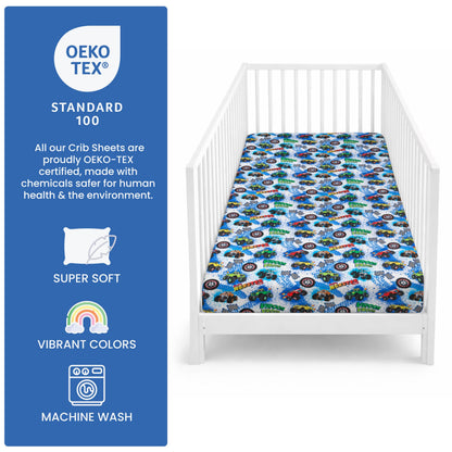 Today's Kids 1-Pack Monster Truck Fitted Baby Crib Sheet Boy - Soft & Breathable Printed Nursery Toddler Bed Sheets for Boys, Elastic Edge with Deep Pockets, Machine Washable, Fits 28" x 52" Mattress