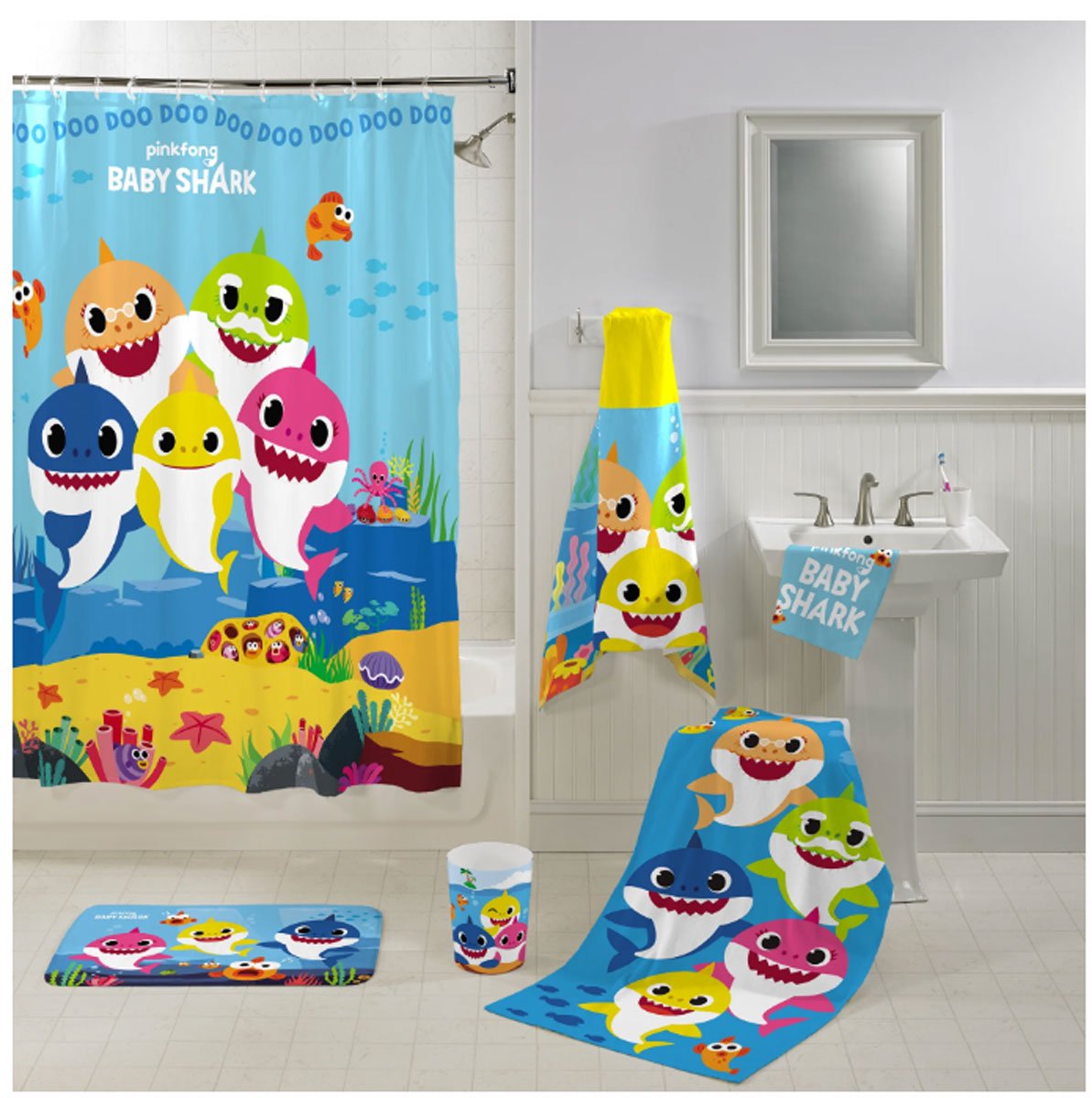 Baby Shark 13Pc Fabric Shower Curtain and Hook Set, Kids Bath, 72”x72”
