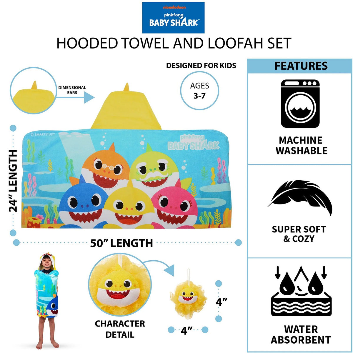 Baby Shark Kids Hooded Towel and Character Loofah Set, Cotton, Blue, Pinkfong