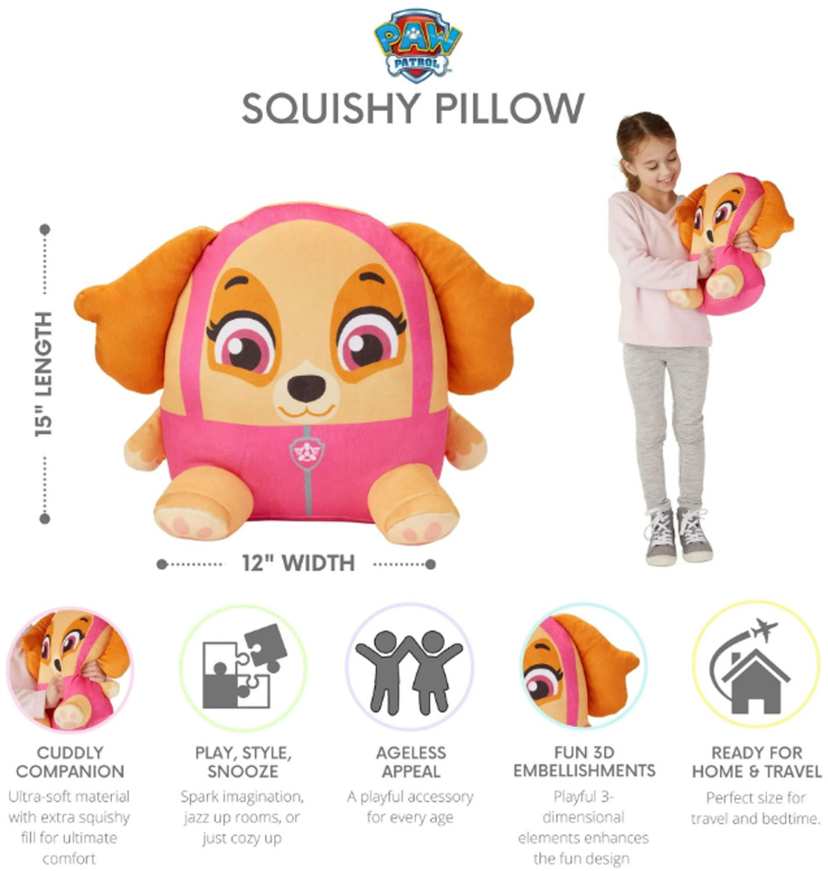 Paw Patrol Skye Kids Squishy Cuddle Pillow, 15" Tall