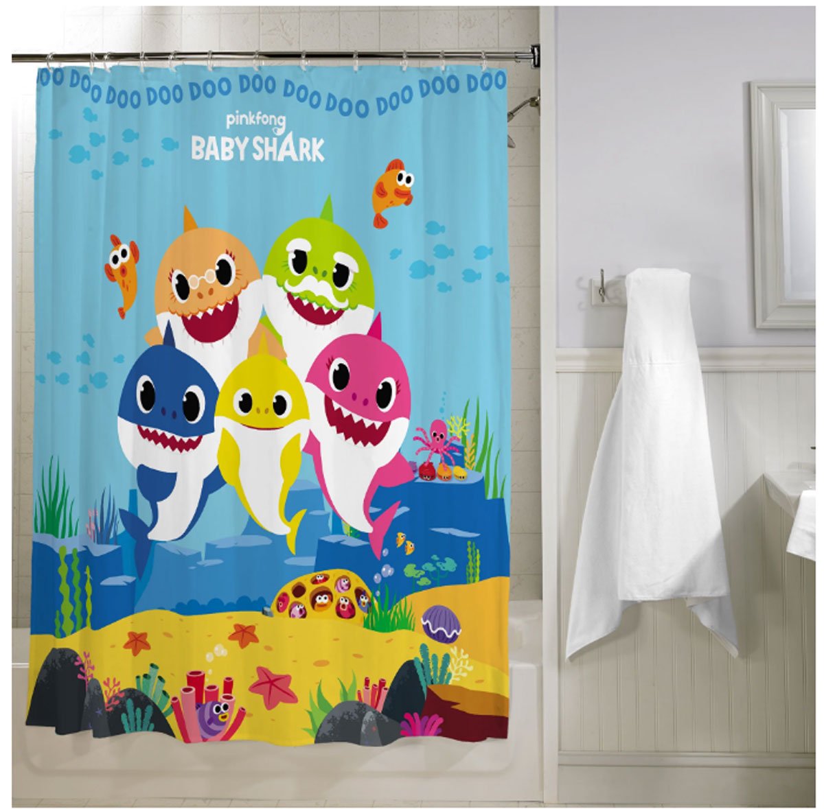 Baby Shark 13Pc Fabric Shower Curtain and Hook Set, Kids Bath, 72”x72”