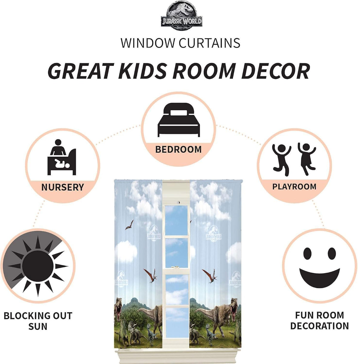 Franco Kids Jurassic World Room Window Curtains Drapes Set, 63 In L X 84 In W