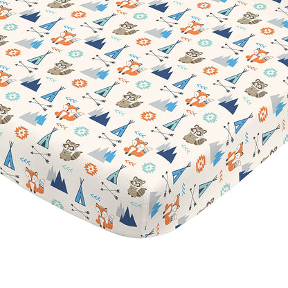 NoJo Aztec Mix & Match 100% Cotton Grey/Fox Fitted Crib Sheet, Navy, Orange, Aqua, Ivory