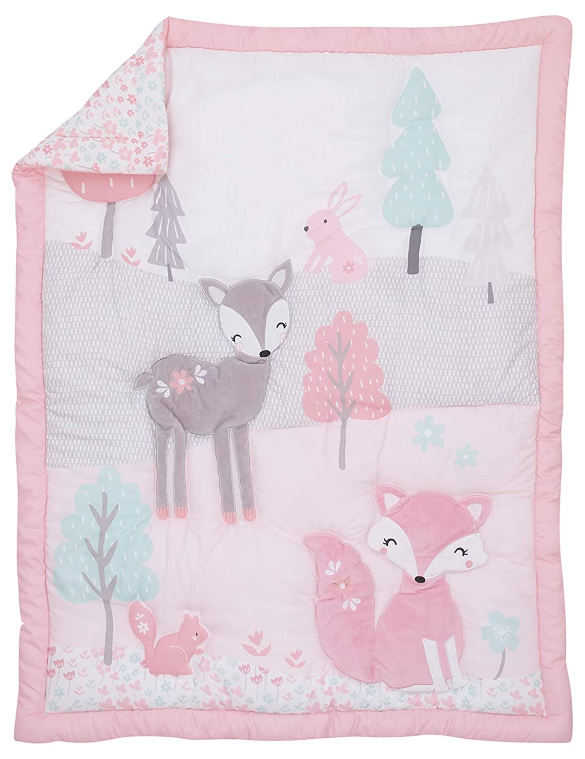 NoJo Sweet Forest Friends 4 Piece Crib Bedding Set -  Pink, Aqua, Grey & White