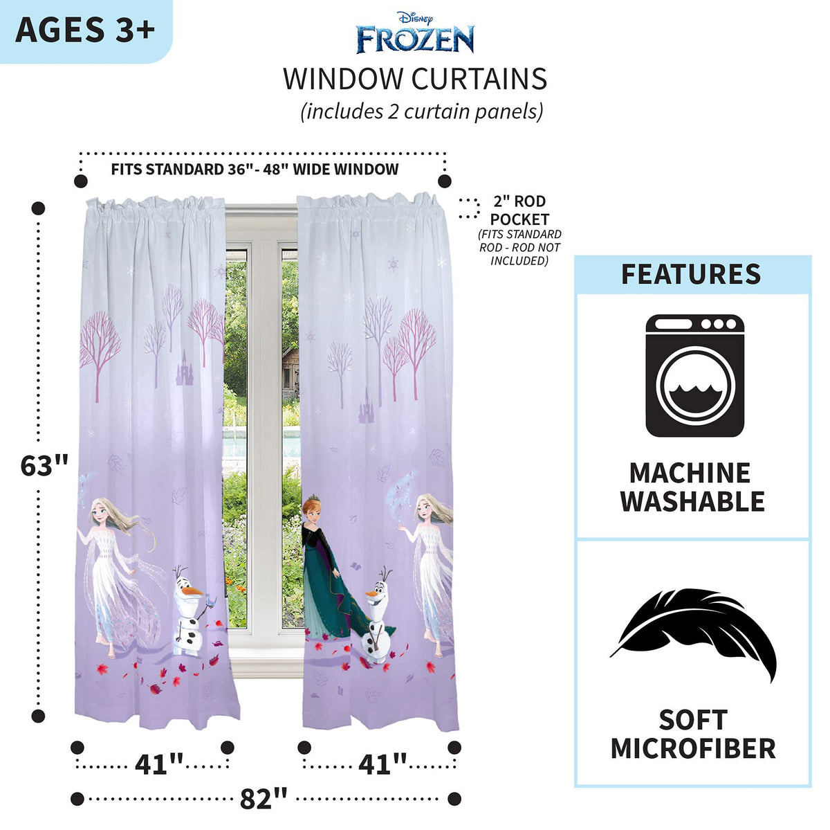 Disney Frozen 2 Kids Room Window Curtain Panels Drapes Set, 82 in x 63 in