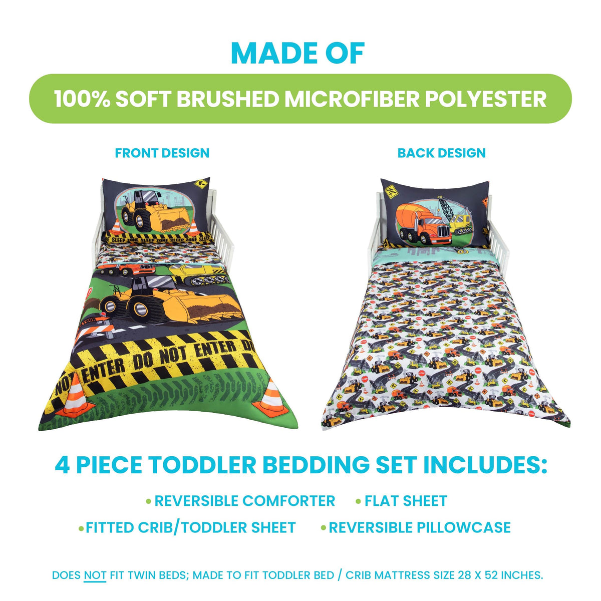 Todays Kids Monster Trucks Toddler Bedding Set for Boys - 4-Piece Toddler Bed Comforter Sets for Boys, Reversible Comforter & Pillowcase, Flat Sheet, Fitted Sheet, Breathable & Super Soft Microfiber