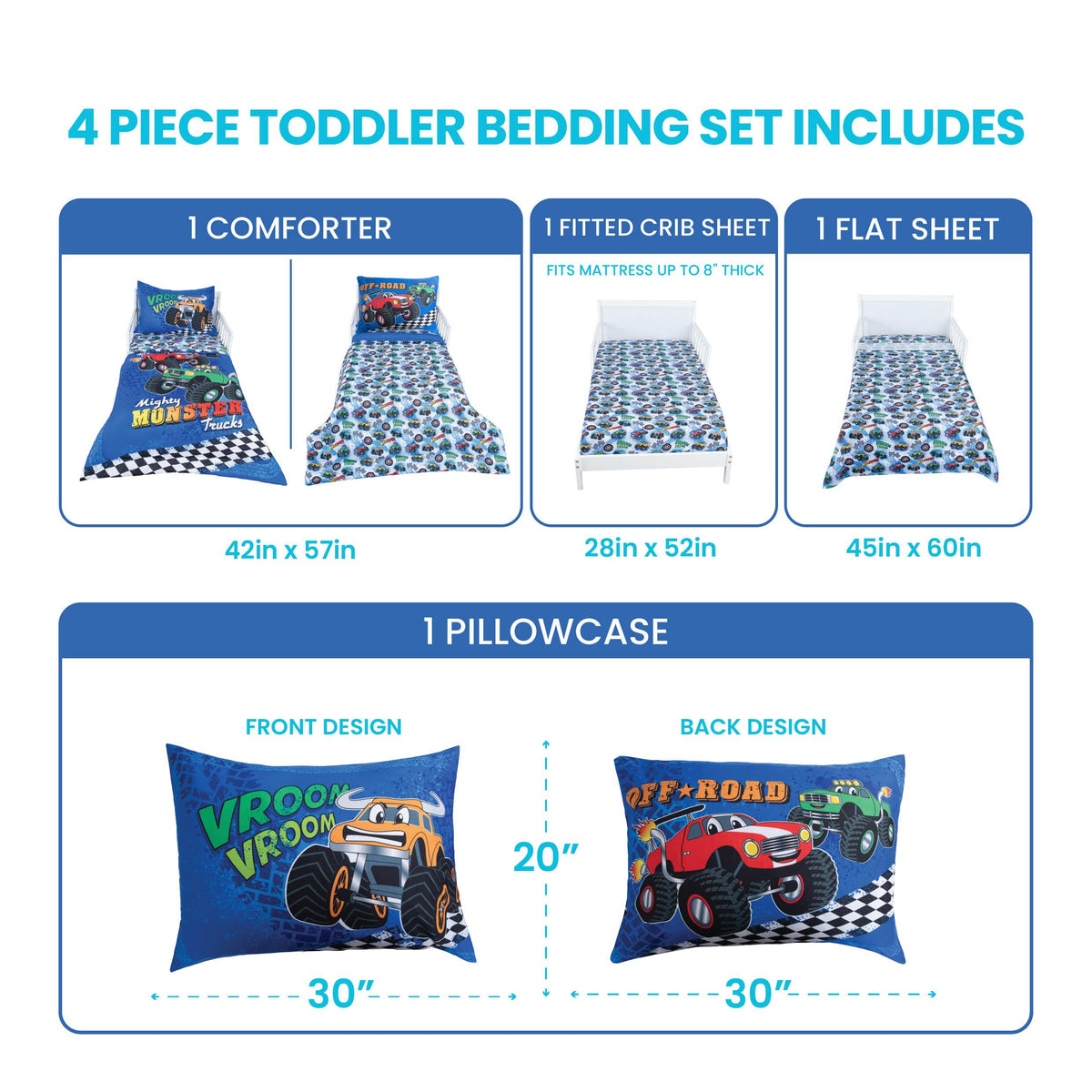 Todays Kids Monster Trucks Toddler Bedding Set for Boys - 4-Piece Toddler Bed Comforter Sets for Boys, Reversible Comforter & Pillowcase, Flat Sheet, Fitted Sheet, Breathable & Super Soft Microfiber