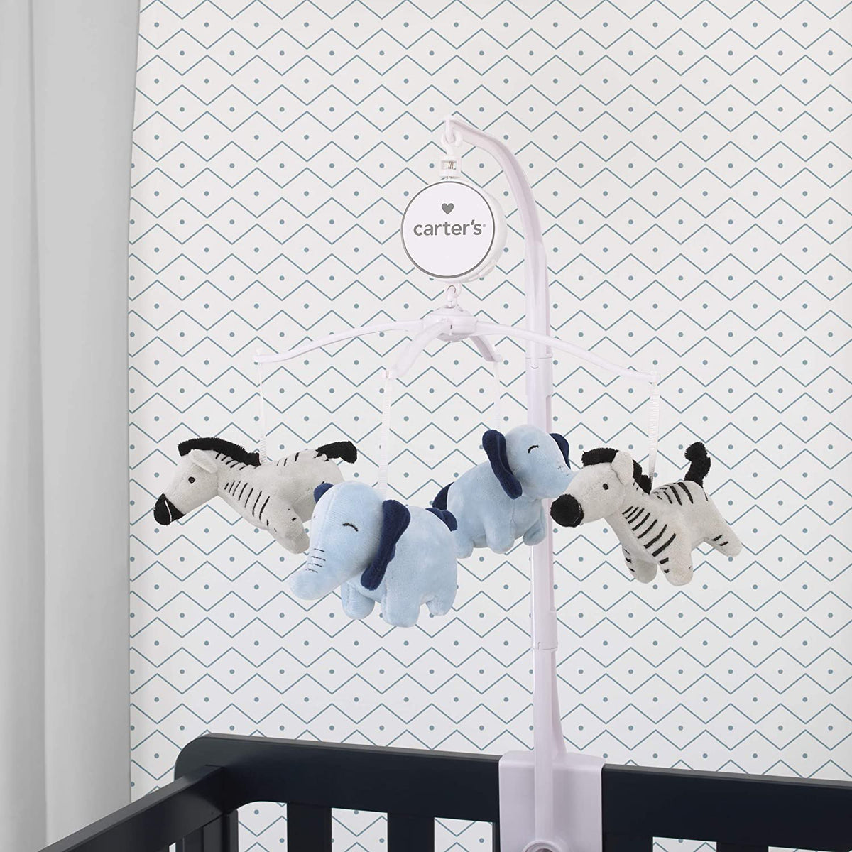 Carter's Safari Party - Musical Mobile with 2 Plush Blue Elephants & 2 Plush Grey & Black Striped Zebras