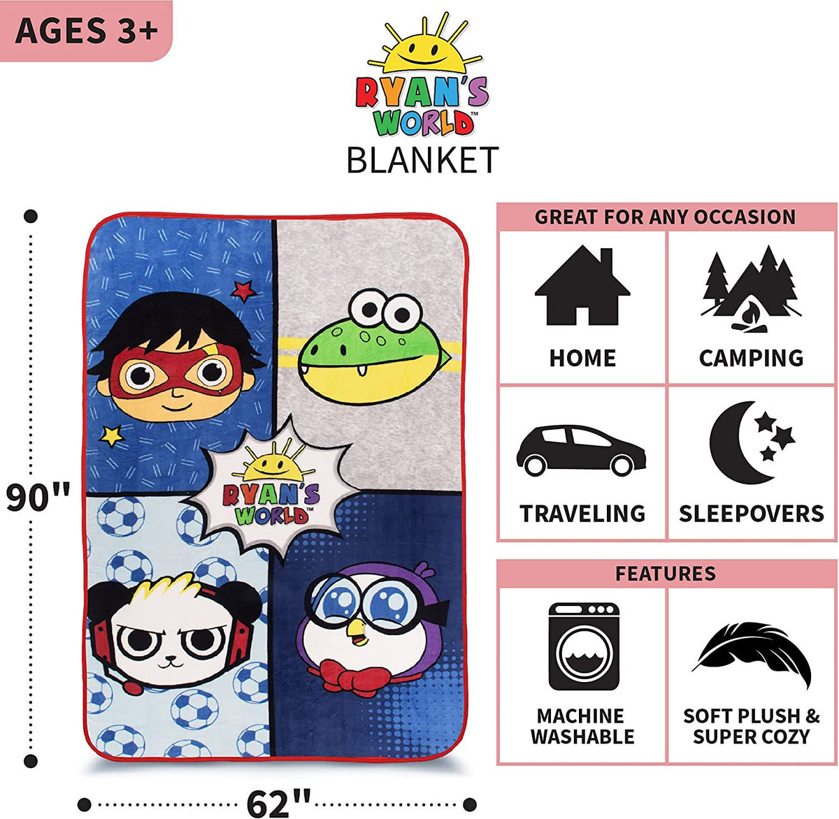 Franco Kids Bedding Super Soft Micro Raschel Blanket, 62 in x 90 in, Ryan’s World