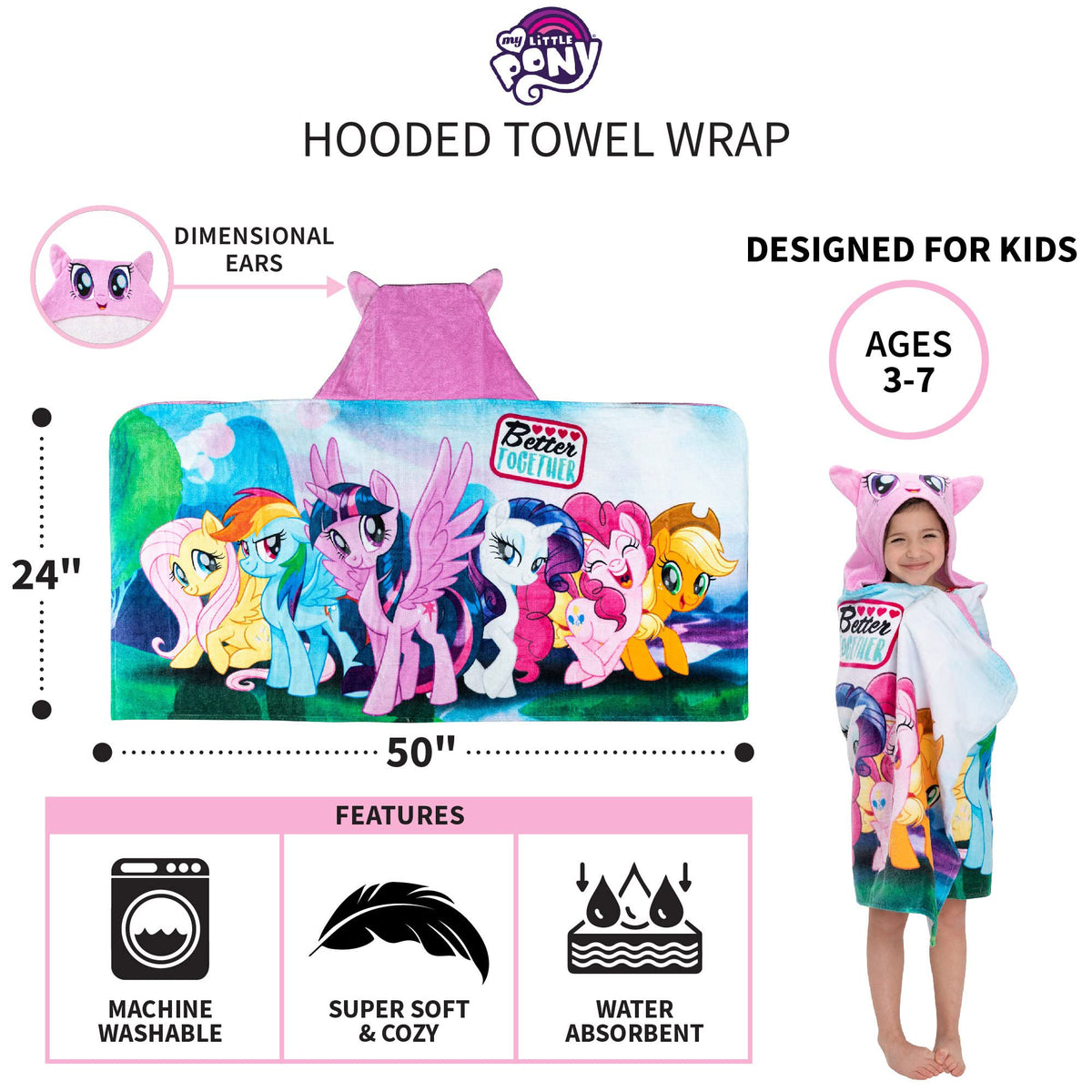 My Little Pony Bath/Pool/Beach Soft Cotton Terry Hooded Towel Wrap, 24 in x 50 in