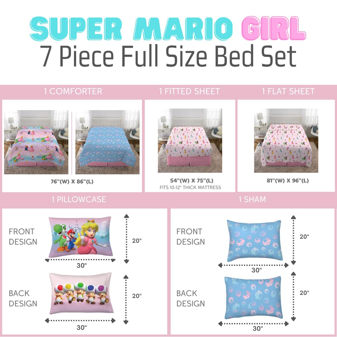 Super Mario Girl Princess Peach Girl Gamer Full Size Comforter & Sheets with Sham, 7 Piece Set