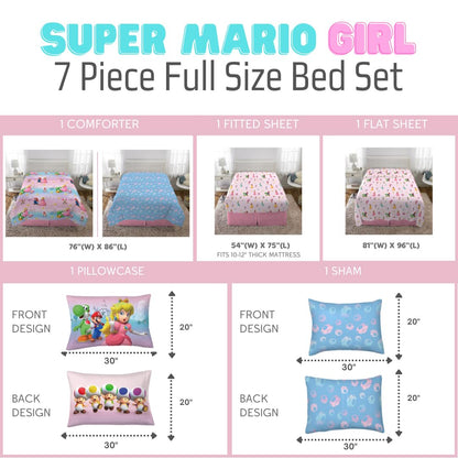 Super Mario Girl Princess Peach Girl Gamer Full Size Comforter & Sheets with Sham, 7 Piece Set