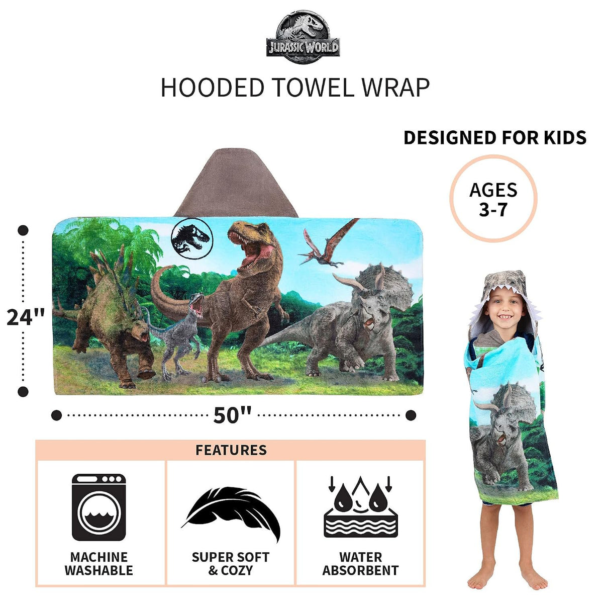 Jurassic World Kids Bath/Pool/Beach Soft Cotton Terry Hooded Towel Wrap, 24 in x 50 in