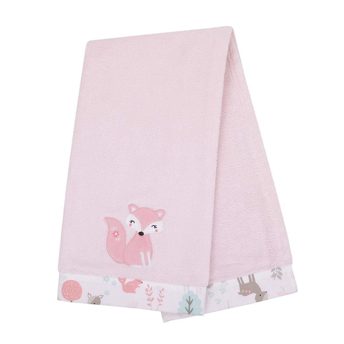 NoJo Sweet Forest Friends Super Soft Appliqued Fox Baby Blanket - 30" x 40" Pink, Aqua, Grey and White