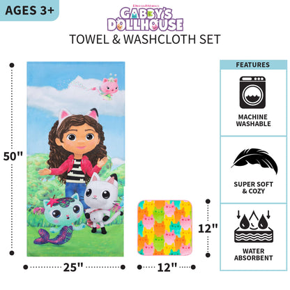 Franco Gabby's Dollhouse Kids Beach Towel & Washcloth 2 Piece Set, 50 in x 25 in