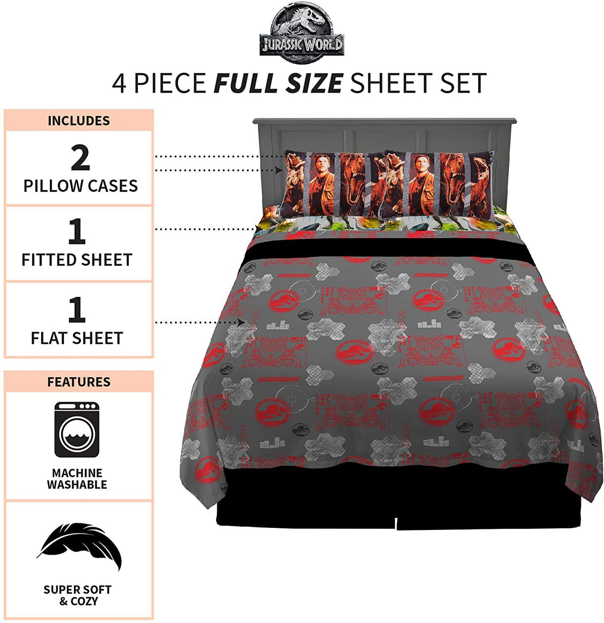 Franco Kids Bedding Super Soft Sheet Set, 4 Piece Full Size, Jurassic World