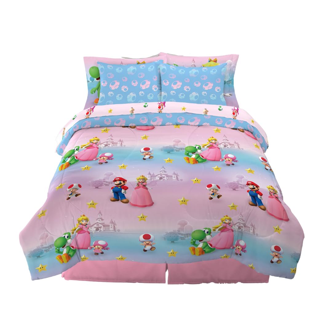 Super Mario Girl Princess Peach Girl Gamer Full Size Comforter & Sheets with Sham, 7 Piece Set