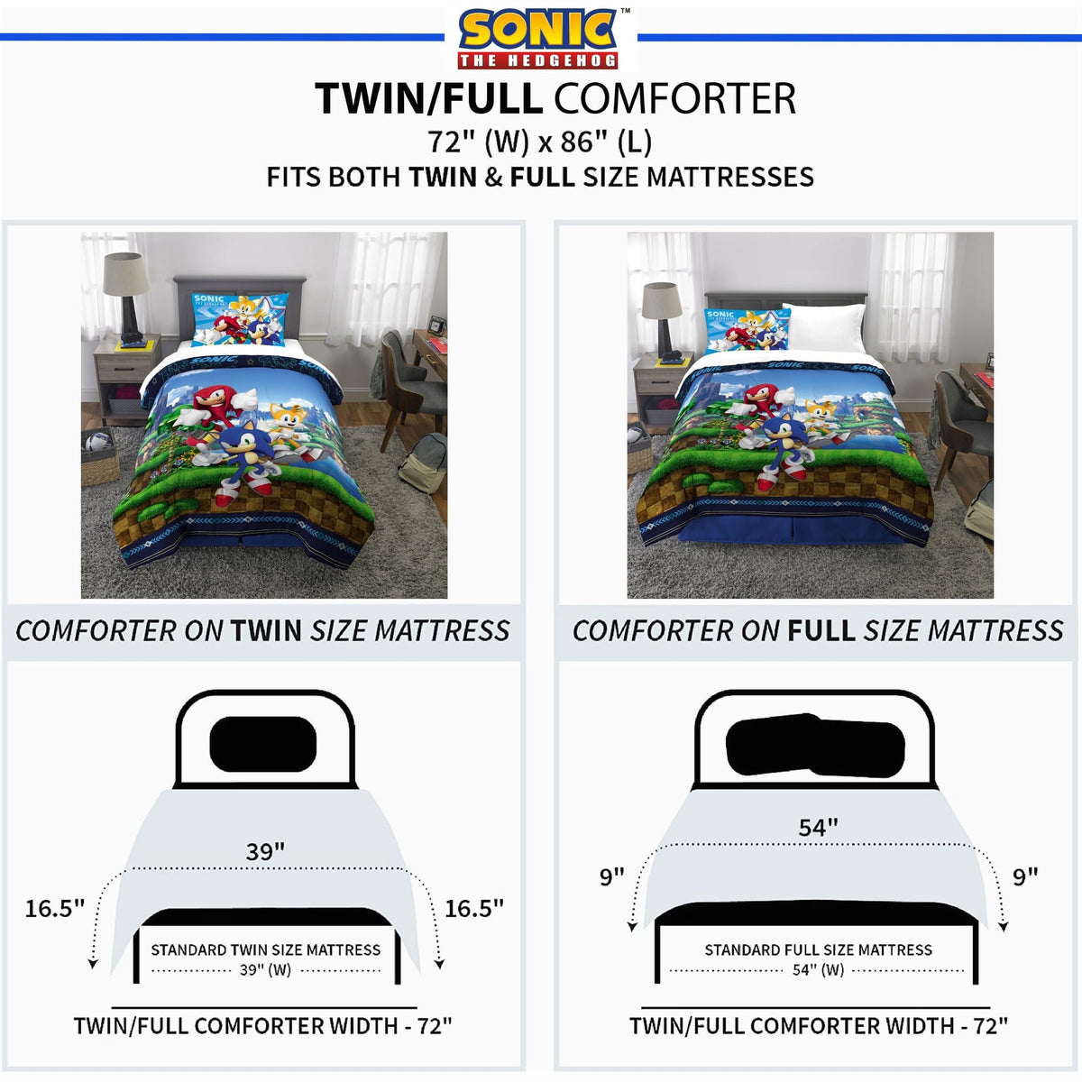 Sonic the Hedgehog 2 Piece Reversible Twin/full Comforter & Pillowcase set