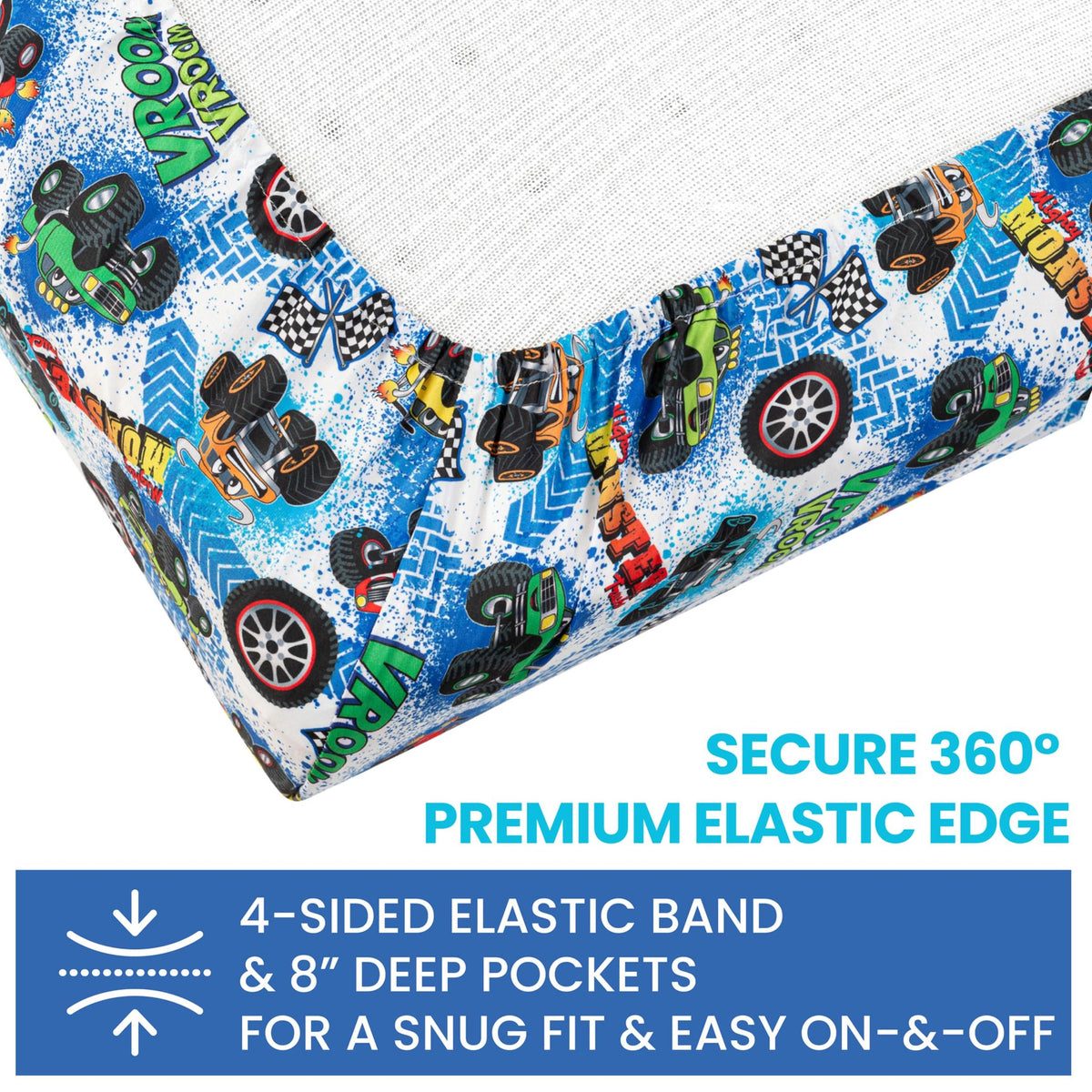 Today's Kids 1-Pack Monster Truck Fitted Baby Crib Sheet Boy - Soft & Breathable Printed Nursery Toddler Bed Sheets for Boys, Elastic Edge with Deep Pockets, Machine Washable, Fits 28" x 52" Mattress