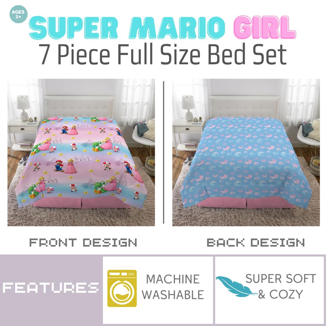 Super Mario Girl Princess Peach Girl Gamer Full Size Comforter & Sheets with Sham, 7 Piece Set