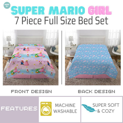 Super Mario Girl Princess Peach Girl Gamer Full Size Comforter & Sheets with Sham, 7 Piece Set
