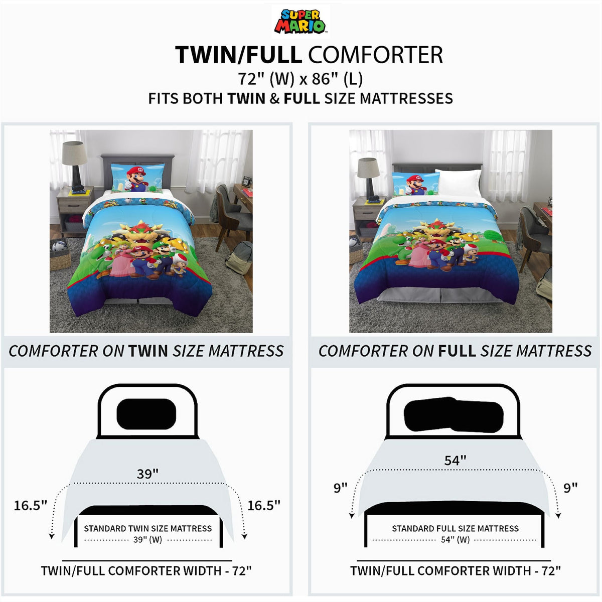 Franco Super Mario Kids Twin/Full Comforter and Pillowcase, 2-Piece Set