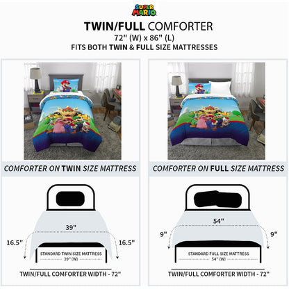Franco Super Mario Kids Twin/Full Comforter and Pillowcase, 2-Piece Set
