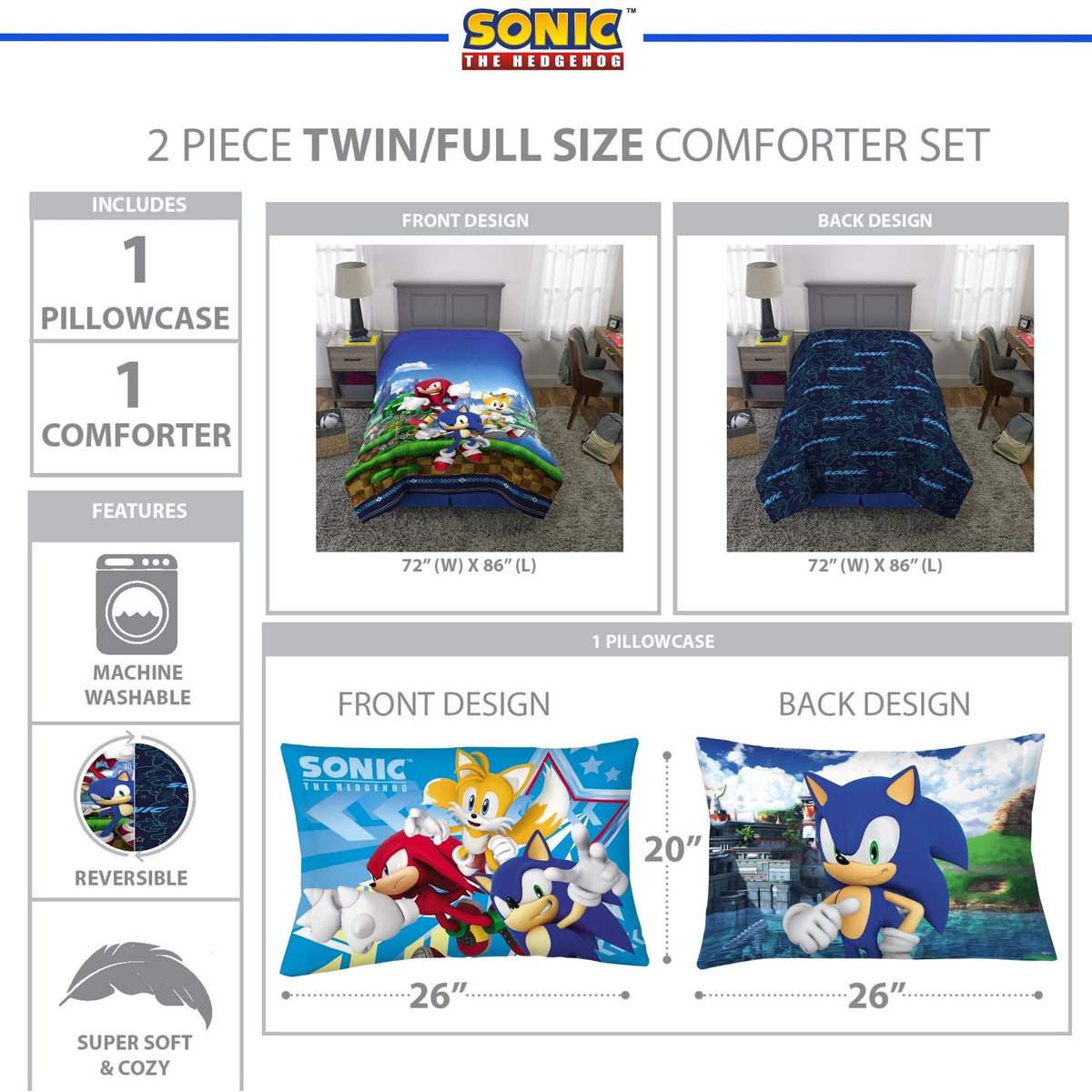 Sonic the Hedgehog 2 Piece Reversible Twin/full Comforter & Pillowcase set