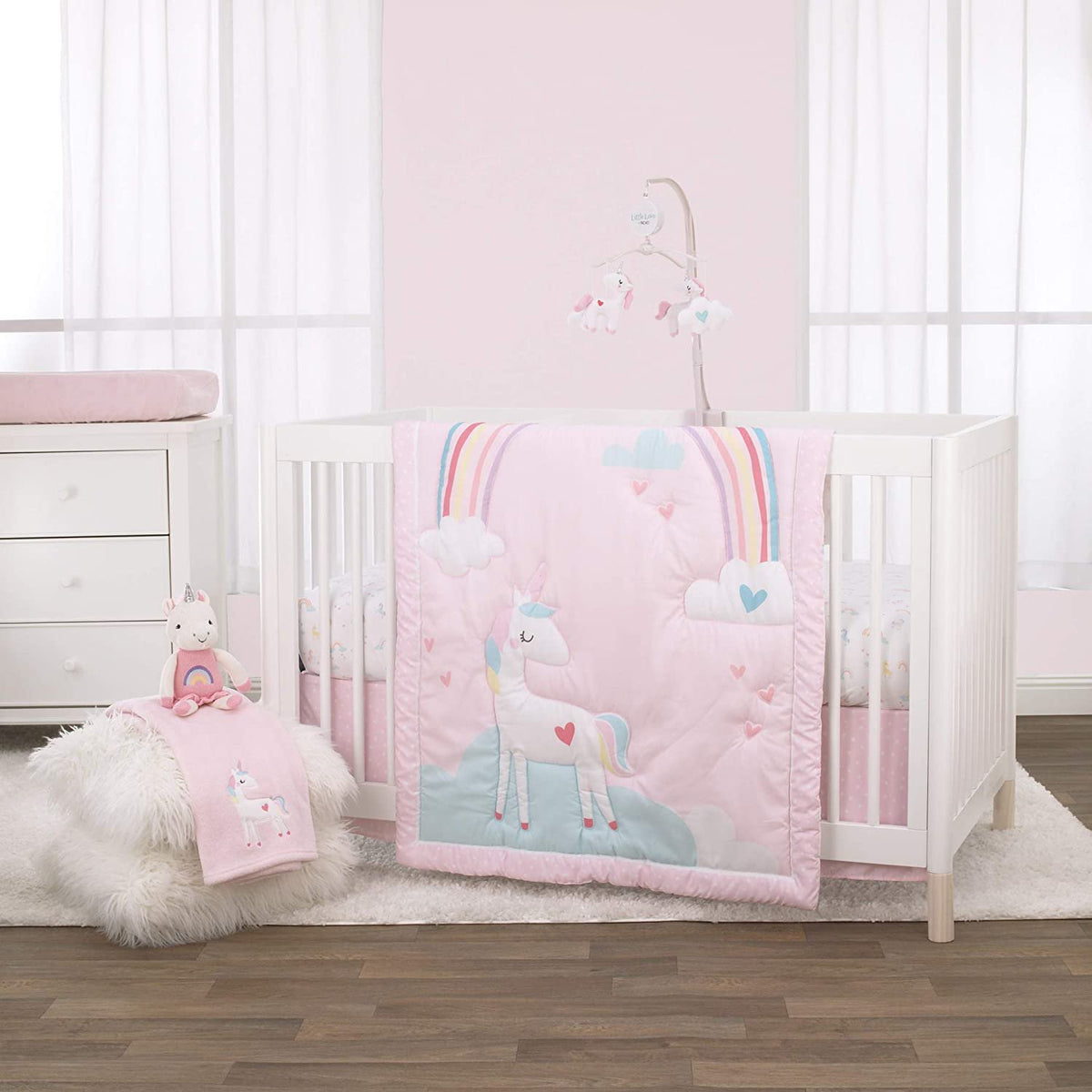 NoJo Fitted Crib Sheet, Rainbow Unicorn, Pink/Aqua/Yellow/White, 28x52x8 Inch (Pack of 1)