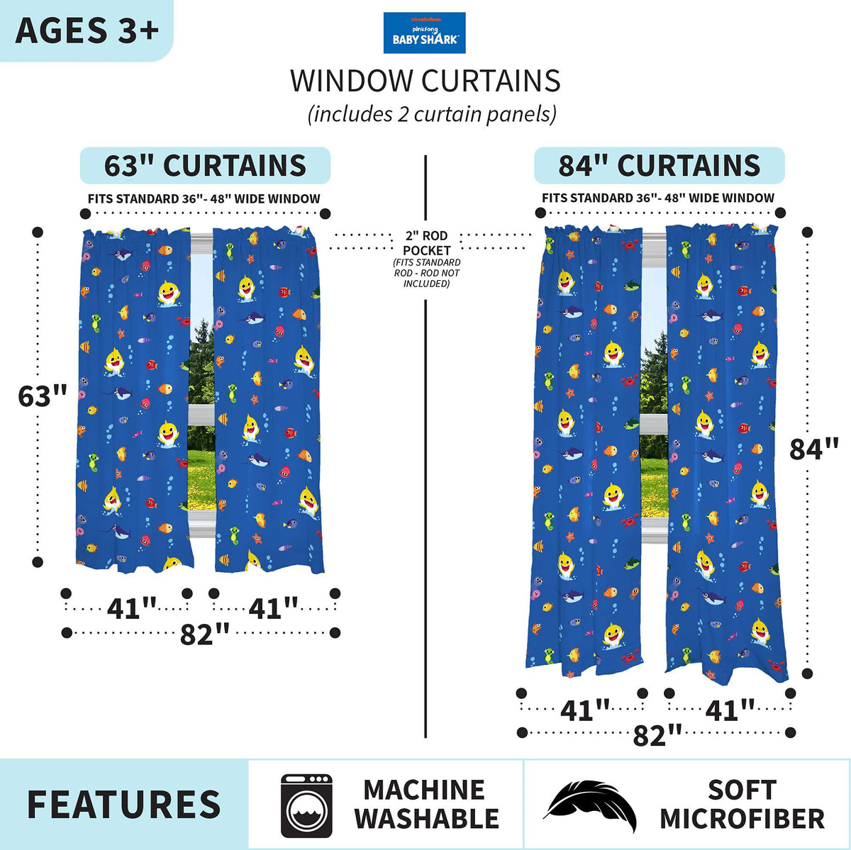 Franco Kids Baby Shark Room Window Curtains Drapes Set, 82 in x 63 in