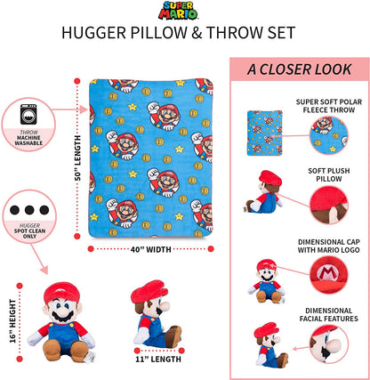 Franco Kids Soft Plush Throw and Hugger Pillow Set, 40" x 50", Super Mario