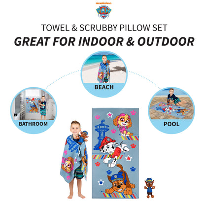 PAW Patrol Kids Chase Towel and Character Scrubby Set, Gray, Nickelodeon