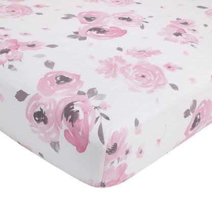NoJo 4 Piece Nursery Crib Bedding Set, Watercolor Floral, Pink/Rose/White/Brown