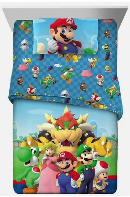 Franco Super Mario Kids Twin Comforter and Sheets Set, All The Players