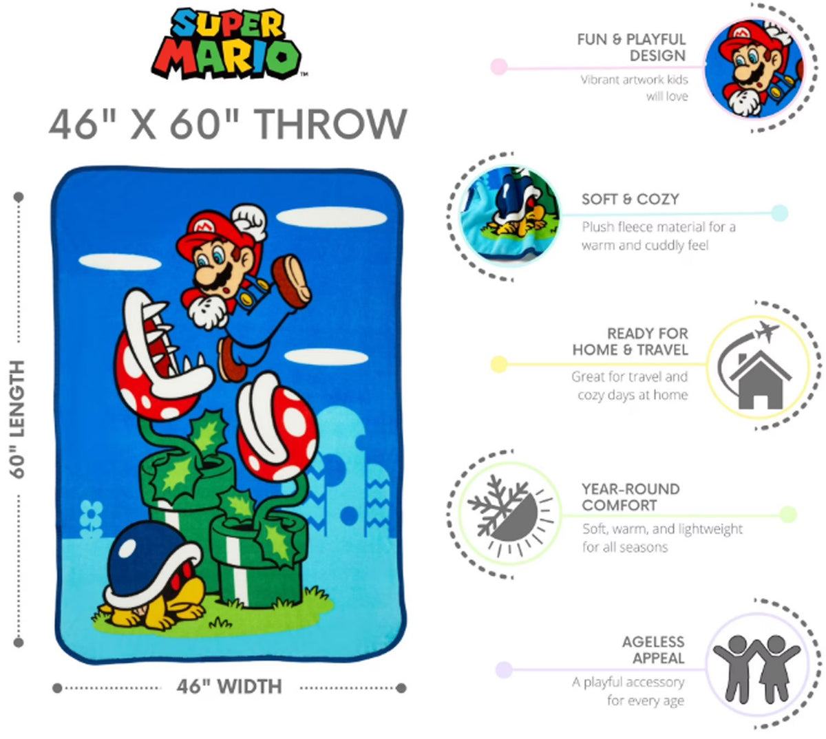 Franco Super Mario Kids Fleece Throw Blanket 46x60, Nintendo