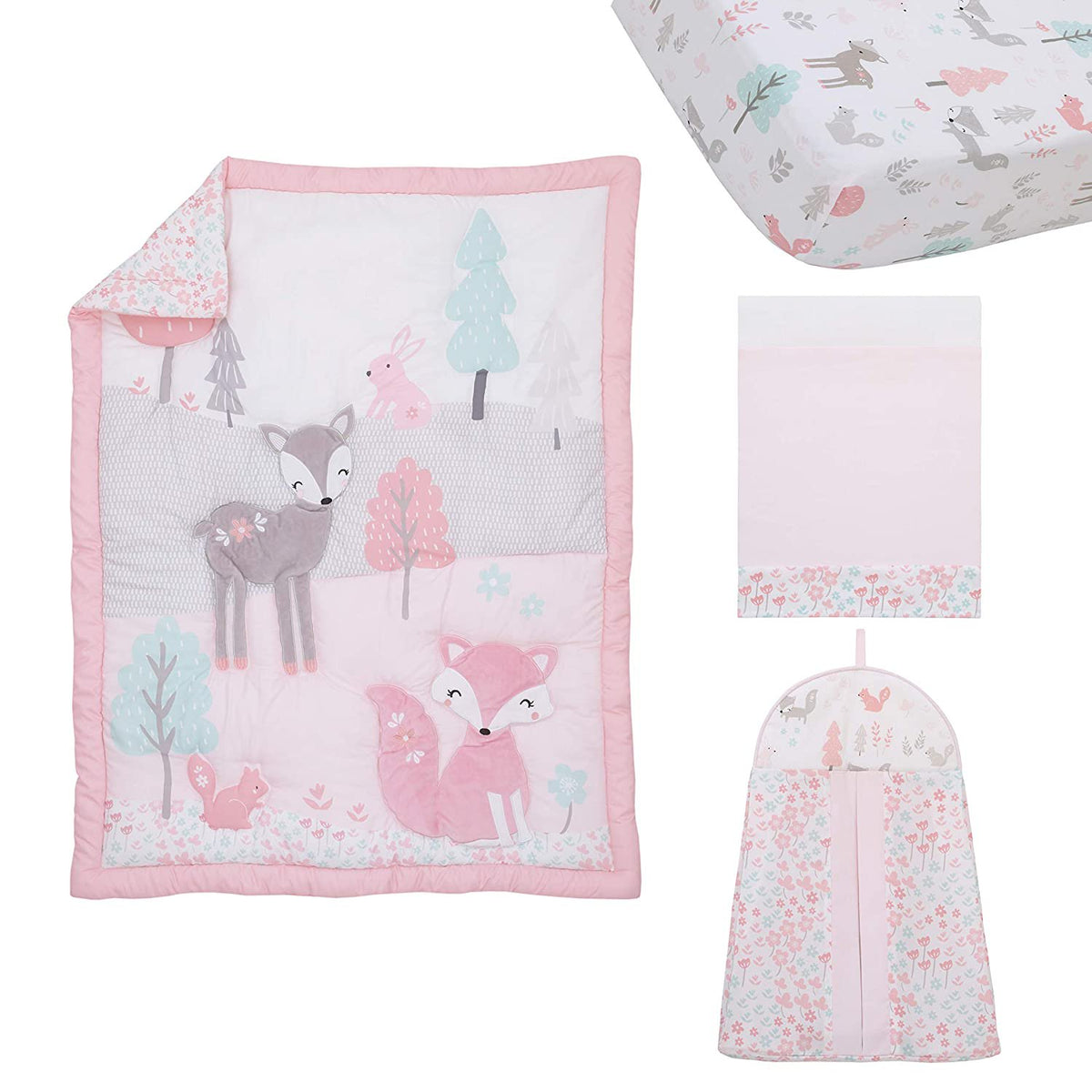 NoJo Sweet Forest Friends 4 Piece Crib Bedding Set -  Pink, Aqua, Grey & White