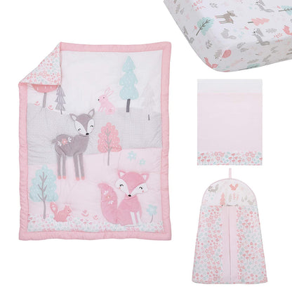 NoJo Sweet Forest Friends 4 Piece Crib Bedding Set -  Pink, Aqua, Grey & White