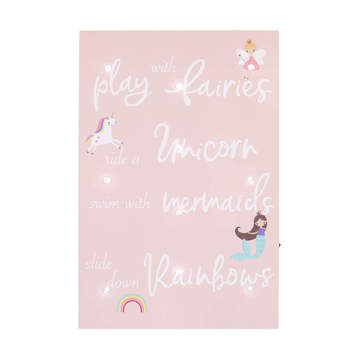NoJo Play with Fairies, Ride A Unicorn, Swim with Mermaids, Slide Down Rainbows Lighted Wall Decor