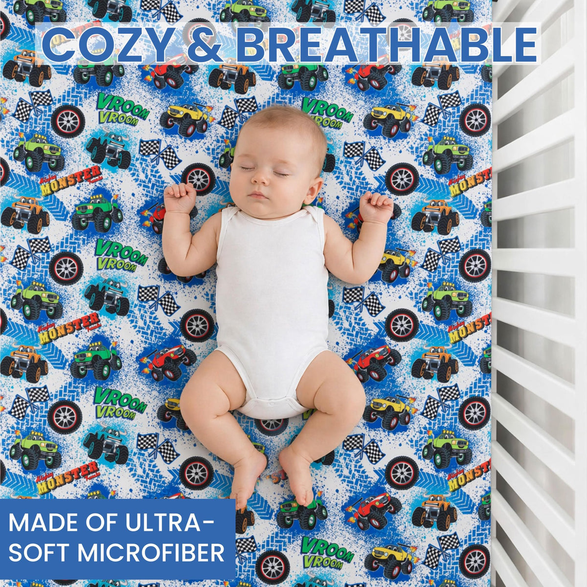 Today's Kids 1-Pack Monster Truck Fitted Baby Crib Sheet Boy - Soft & Breathable Printed Nursery Toddler Bed Sheets for Boys, Elastic Edge with Deep Pockets, Machine Washable, Fits 28" x 52" Mattress