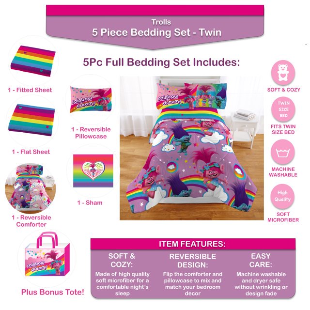 DreamWorks Trolls 5 Piece Twin Bedding Set, with Bonus Tote
