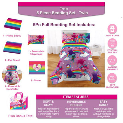 DreamWorks Trolls 5 Piece Twin Bedding Set, with Bonus Tote