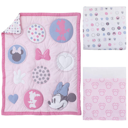 Disney Minnie Mouse Pretty in Pink 3 Piece Nursery Crib Bedding Set, Pink, Grey, Rose