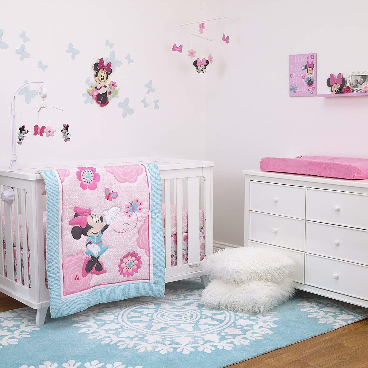 Disney Minnie Mouse Pretty in Pink 3 Piece Nursery Crib Bedding Set, Pink, Grey, Rose